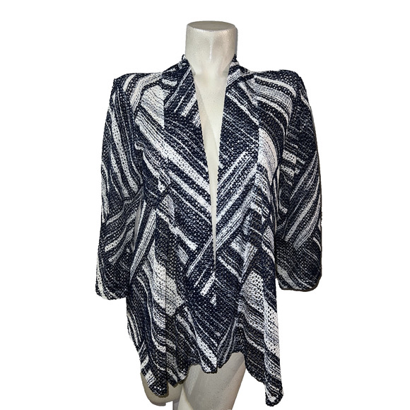 Easywear By Chico's Jacket Blue White Mesh Line Print Open Cardigan Cover-up - Picture 1 of 11